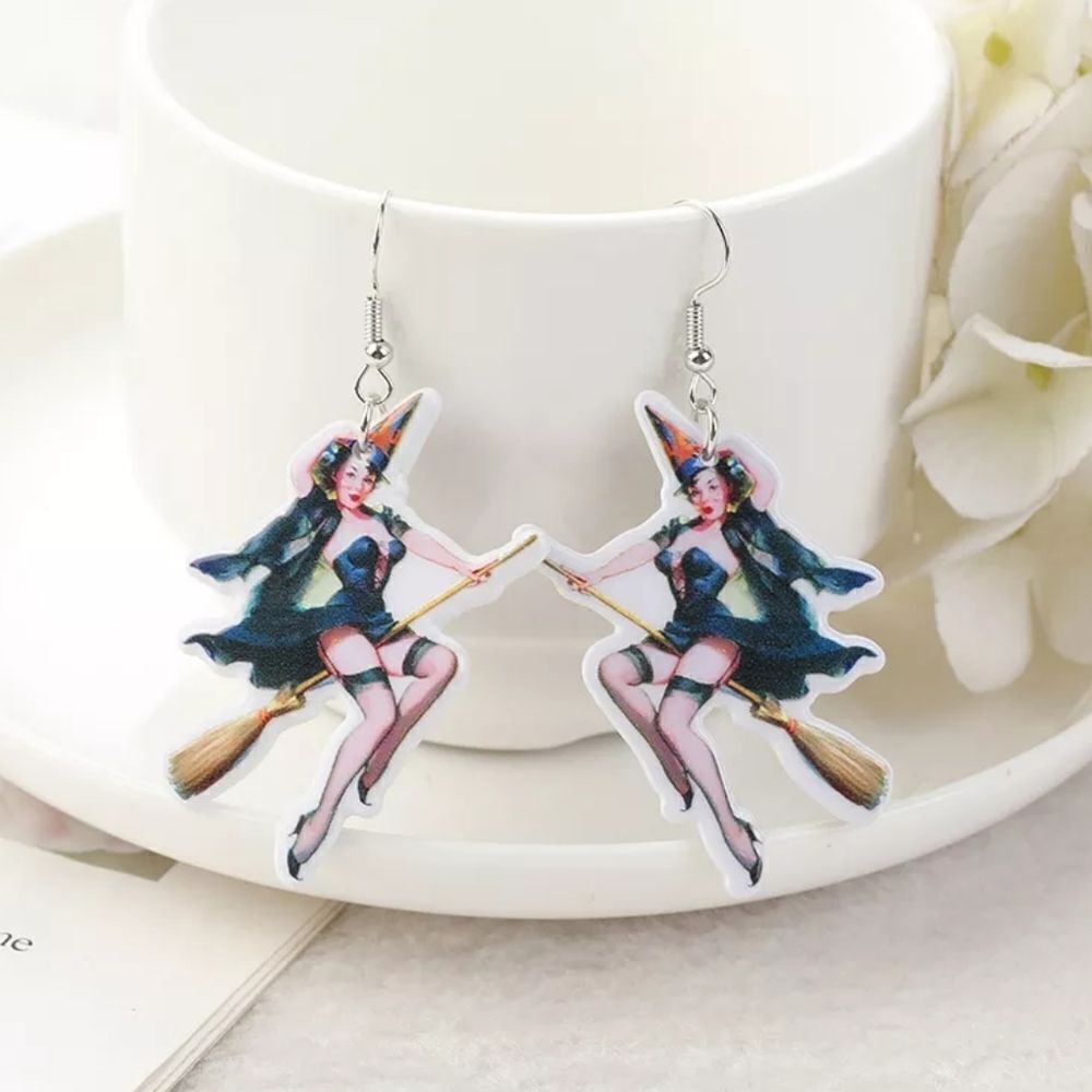 Pin Up Witch Woman Dangle Drop Earrings 2.5"